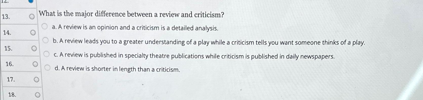  What is the major difference between a review and criticism? a.