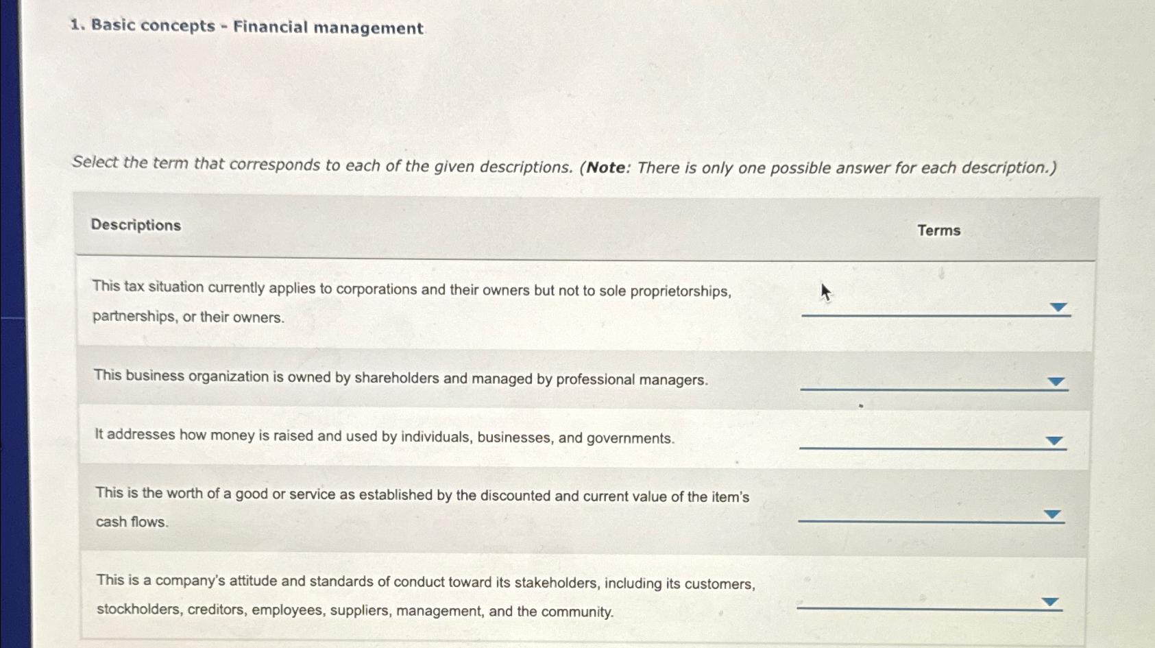 Basic concepts - Financial management Select the term that corresponds to