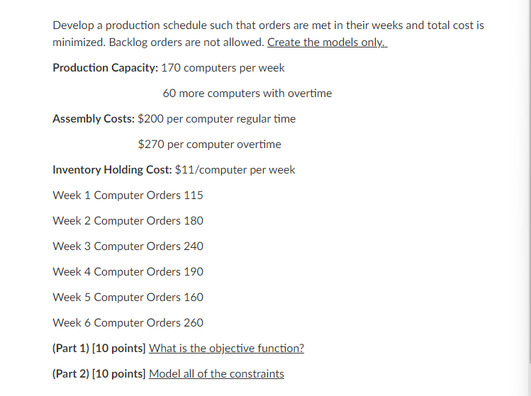 Develop a production schedule such that orders are met in their