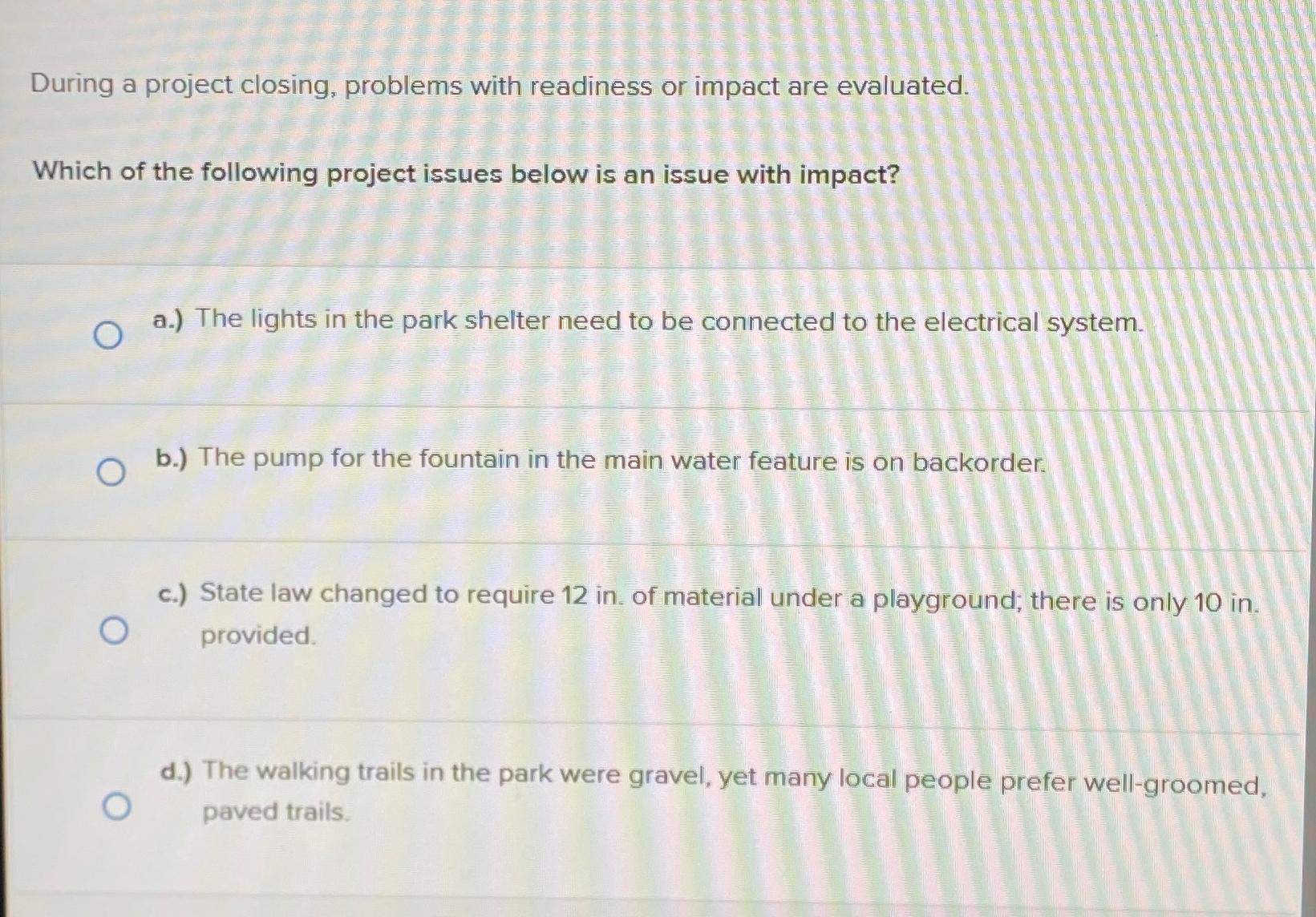  During a project closing, problems with readiness or impact are evaluated.