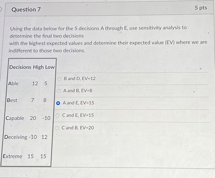  Question 7 Using the data below for the 5 decisions A