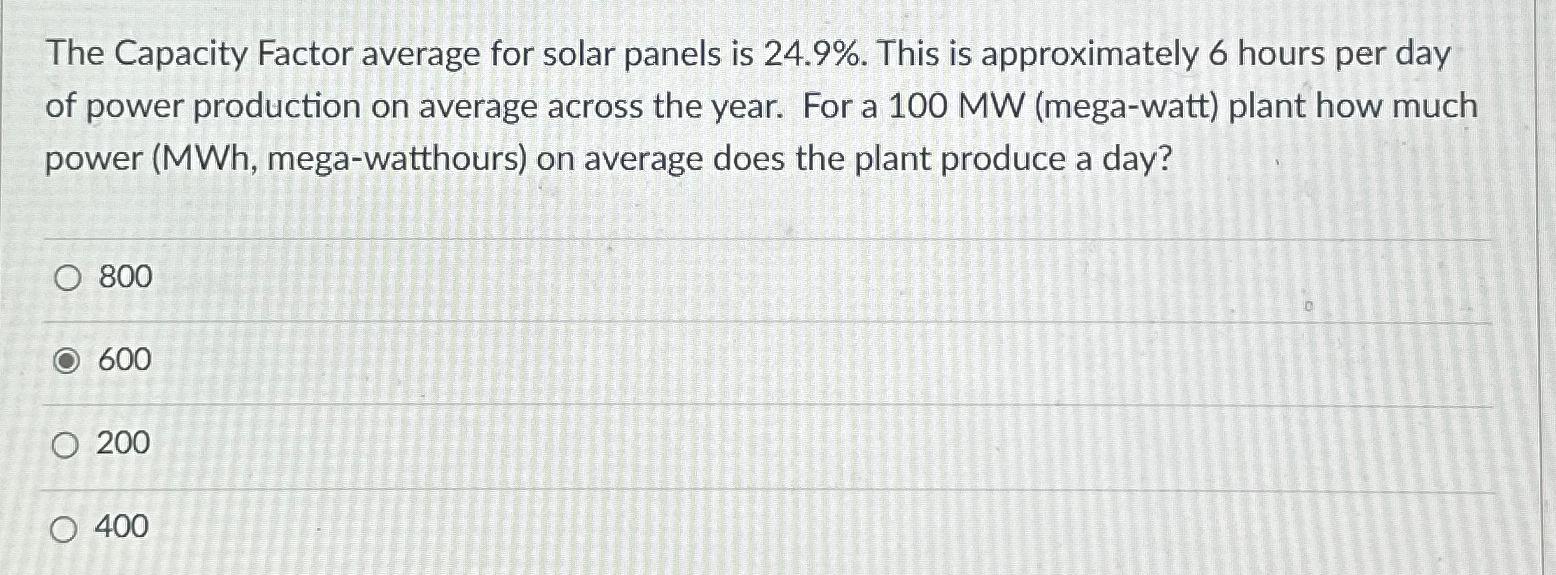  The Capacity Factor average for solar panels is 24.9%. This is