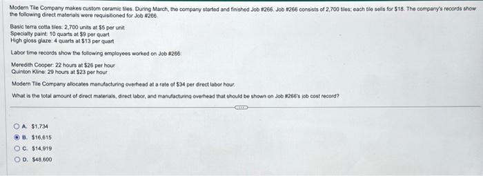  the following direct materials were requisitioned for Job #266 Basic terra