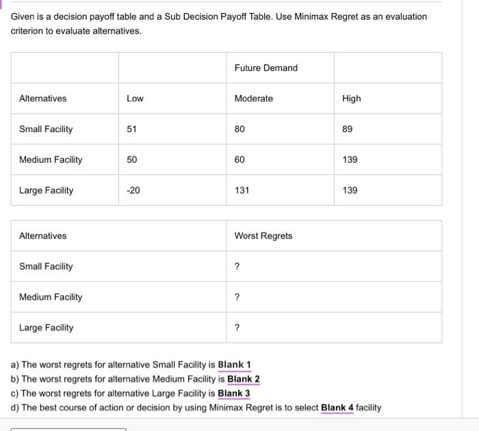 ASAP PLS Given is a decision payoff table and a Sub Decision