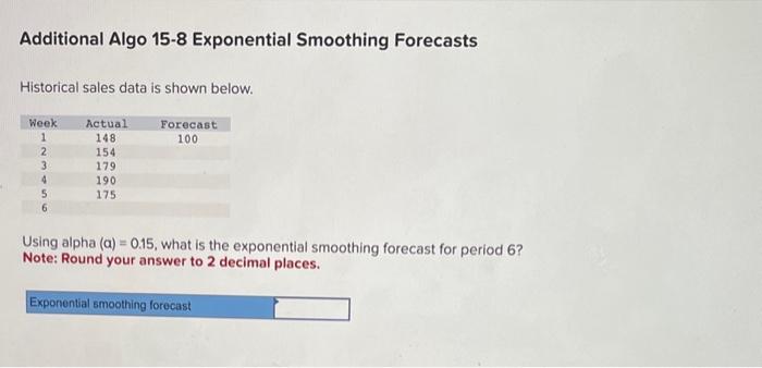  Additional Algo 15-8 Exponential Smoothing Forecasts Historical sales data is shown