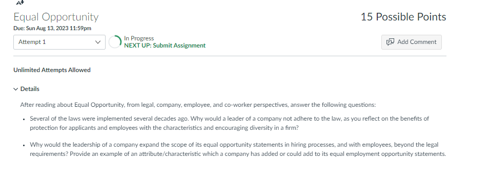  Equal Opportunity 15 Possible Points Due: Sun Aug 13, 2023 11:59pm