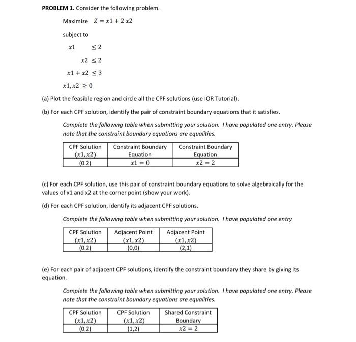  PROBLEM 1. Consider the following problem. Maximize Z = x1 +