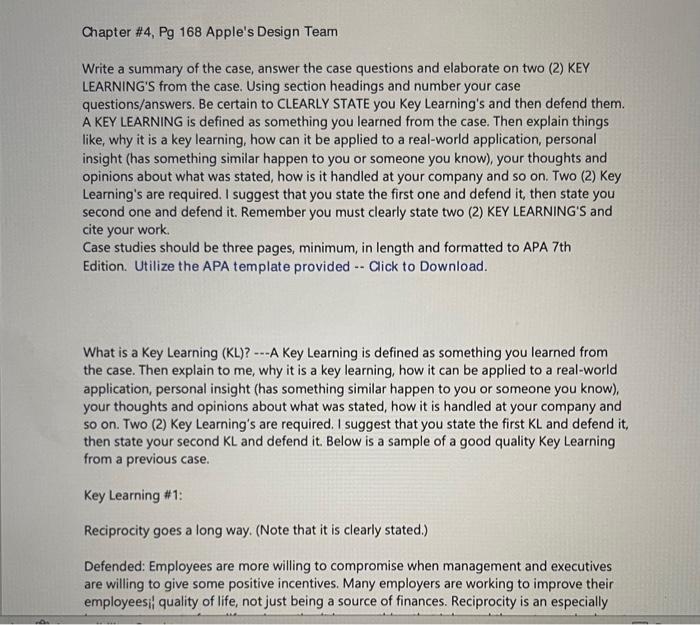  Chapter \#4, Pg 168 Apple's Design Team Write a summary of