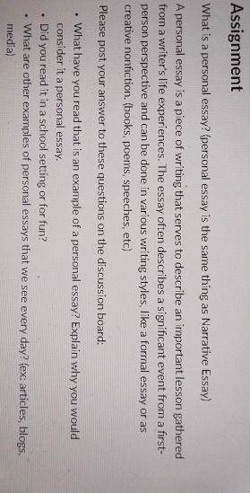  Assignment What is a personal essay? (personal essay is the same