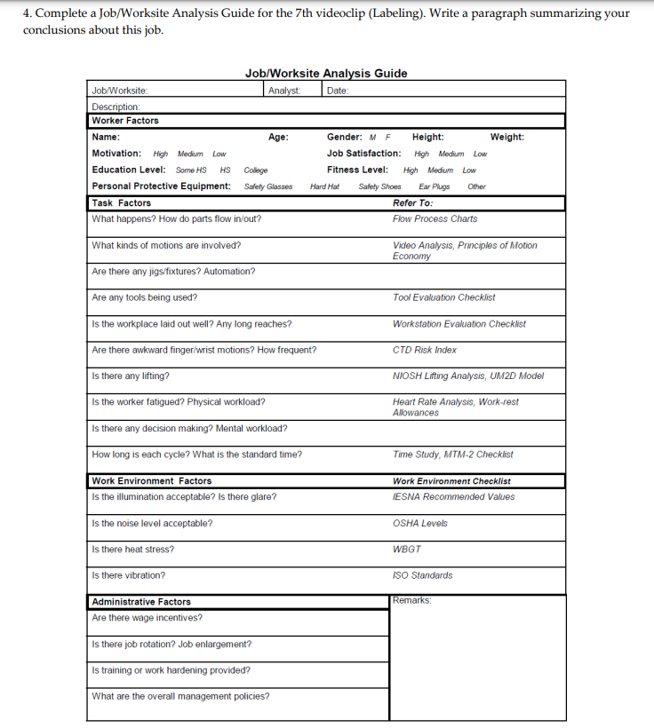 4. Complete a Job/Worksite Analysis Guide for the 7 th videoclip