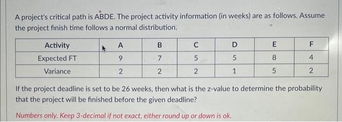  A project's critical path is ABDE. The project activity information (in