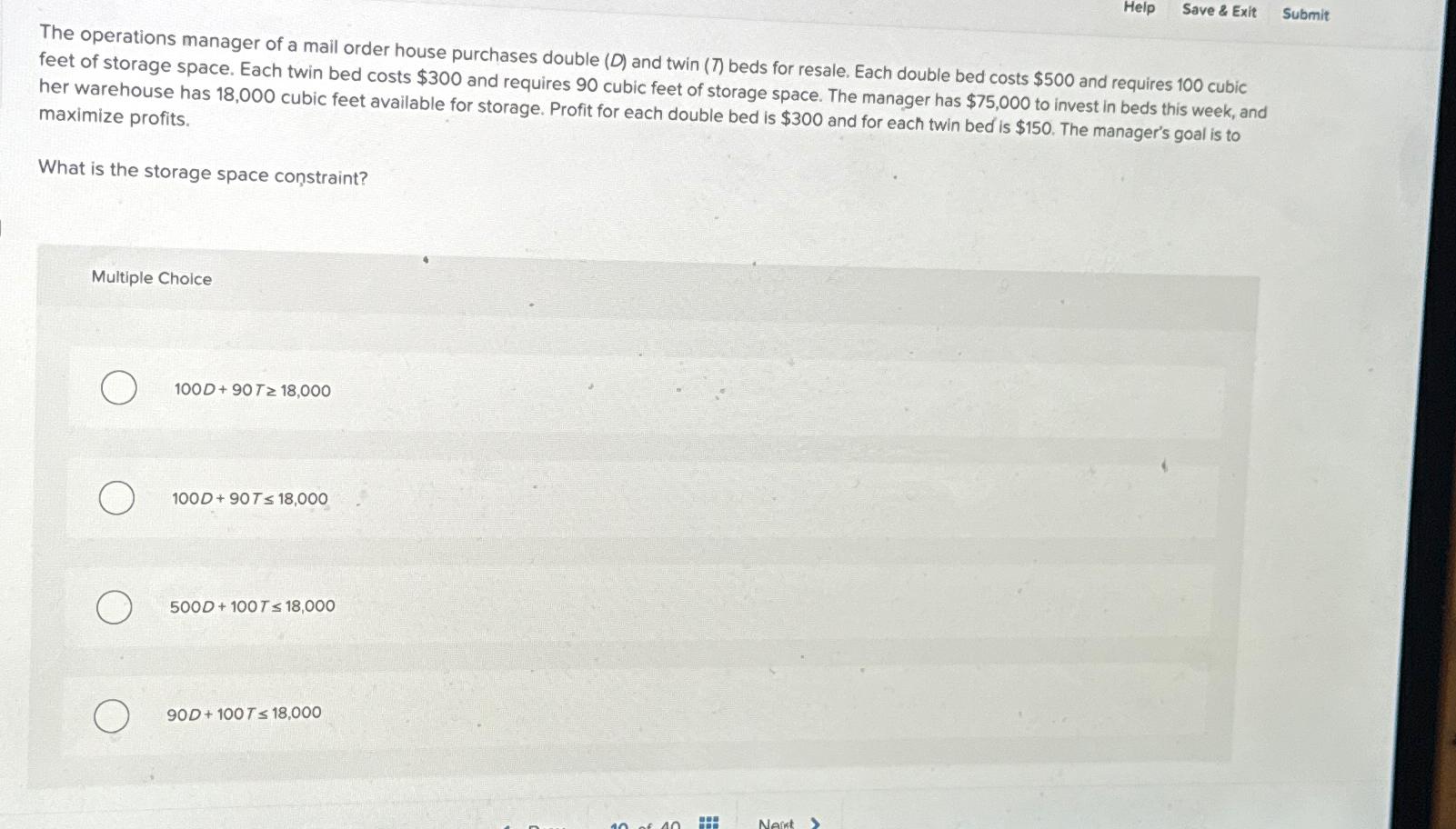  Help Save & Exit Submit The operations manager of a mail