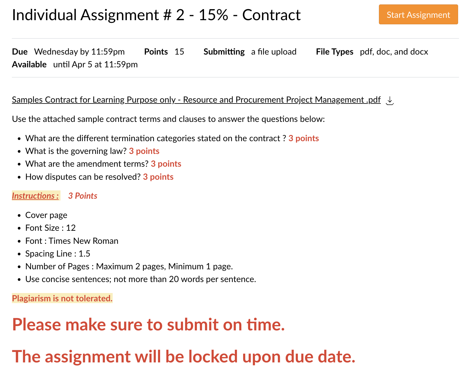 Individual Assignment \# 2 - 15\% - Contract Due Wednesday by