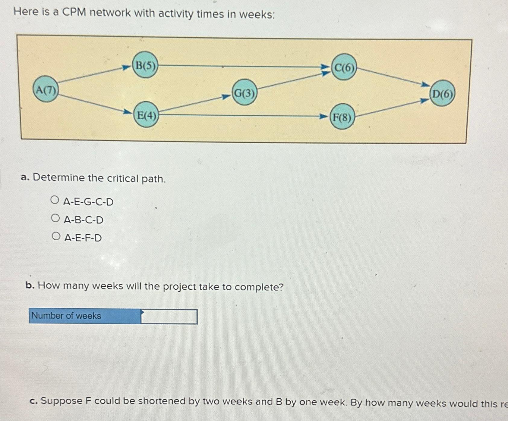  Here is a CPM network with activity times in weeks: a.