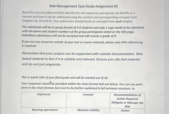  Risk Management Case Study Assignment \#2 Read the case provided and