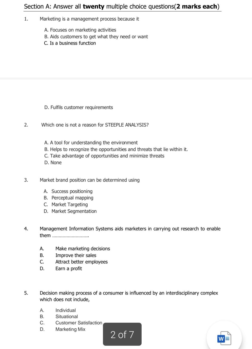  Section A: Answer all twenty multiple choice questions(2 marks each) 1.