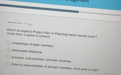  Which all aspects Project Plan or Planning memo should cover? (more