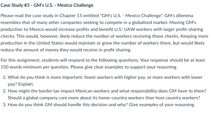 Case Study \#3 - GM's U.S. - Mexico Challenge Please read