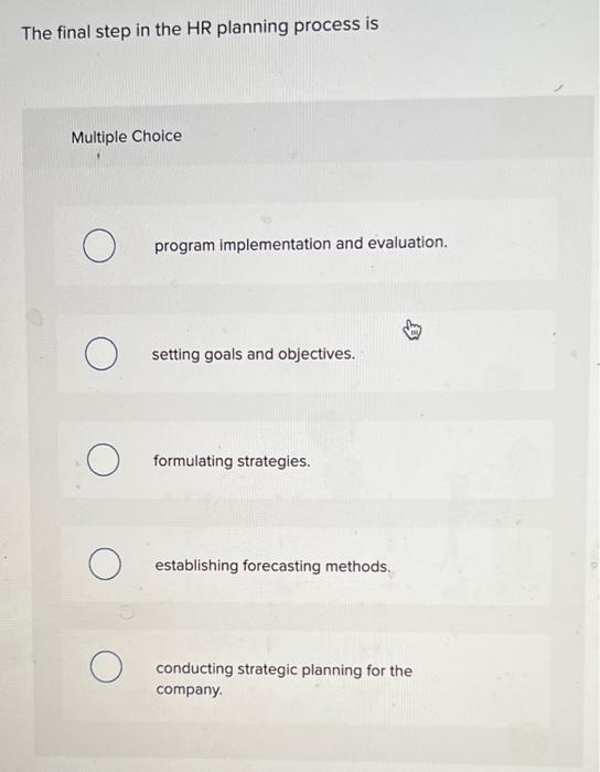  The final step in the HR planning process is Multiple Choice