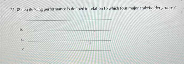  31. (8 pts) Building performance is defined in relation to which