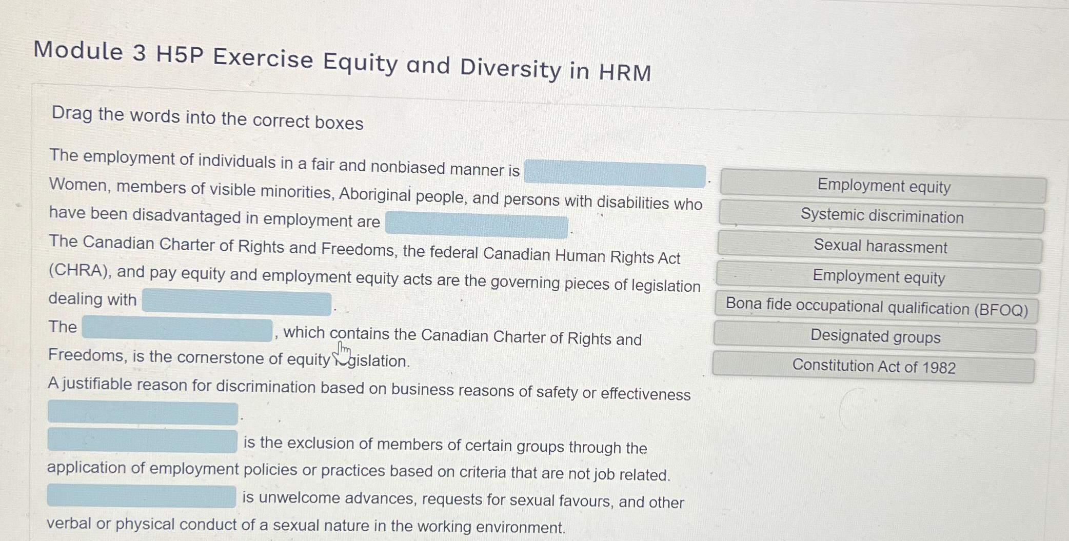  Module 3 H5P Exercise Equity and Diversity in HRM Drag the