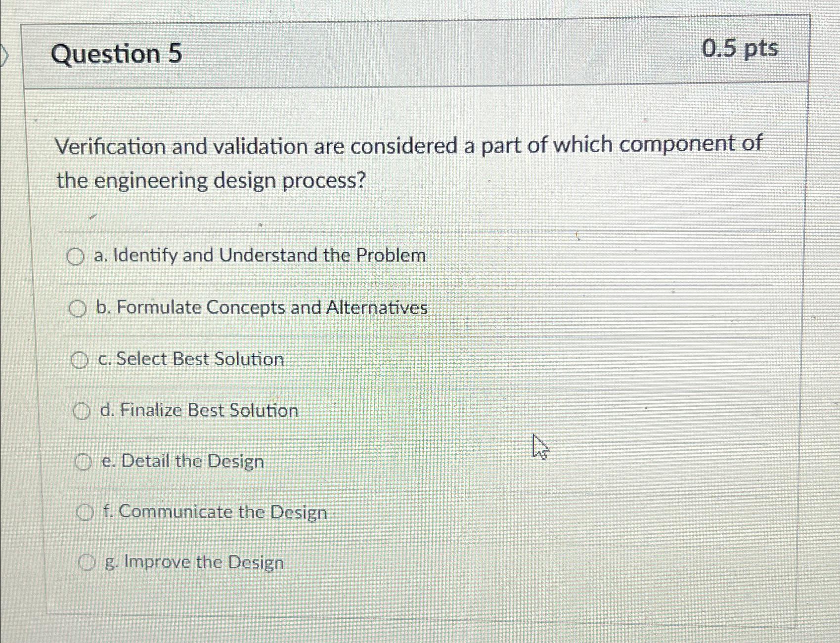  Question 5 0.5pts Verification and validation are considered a part of