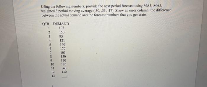  Using the following numbers, provide the next period forecast using MA3,