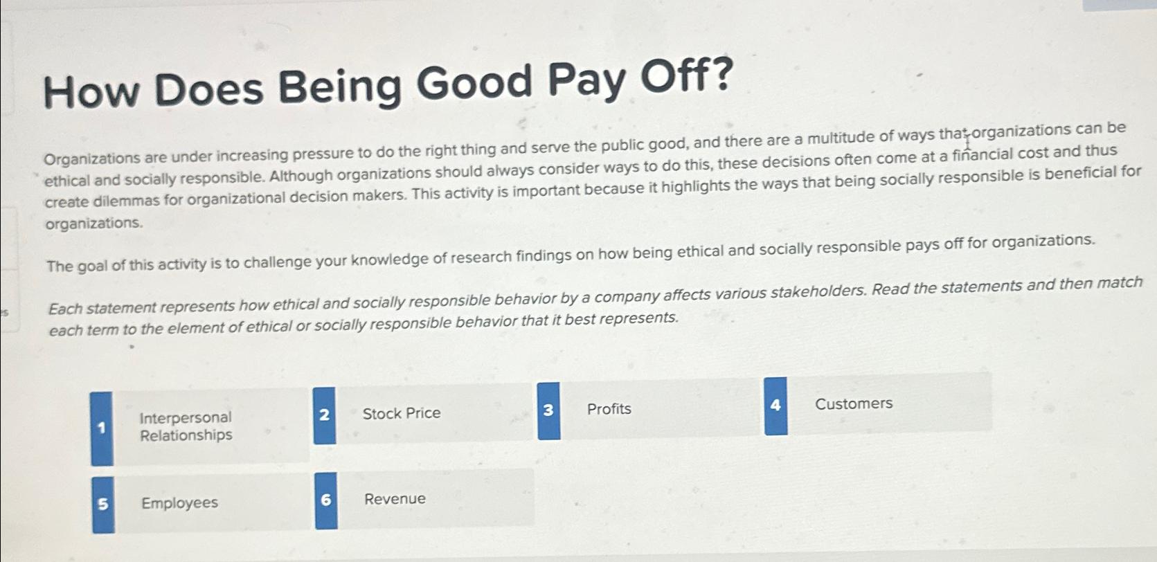  How Does Being Good Pay Off? Organizations are under increasing pressure