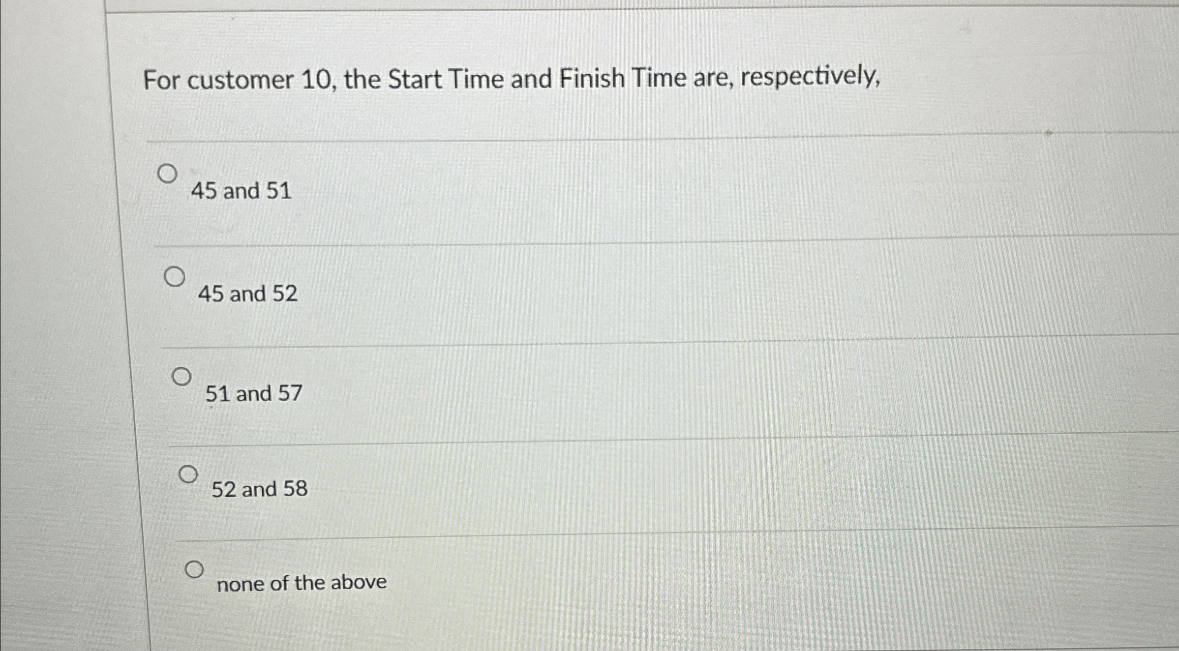  For customer 10, the Start Time and Finish Time are, respectively,