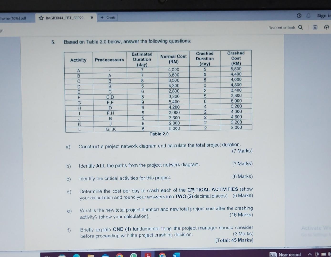  Based on Table 2.0 below, answer the following questions: a) Construct