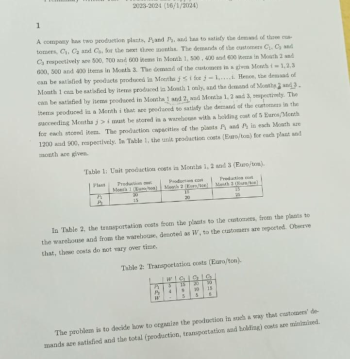  2023-2024(161?2024) 1 A company has two production plants, P1 and P2,