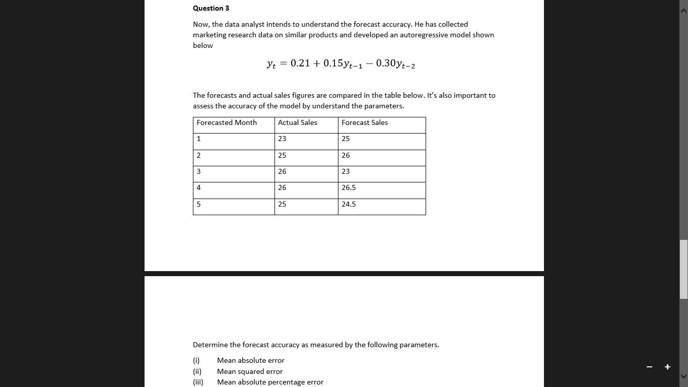  Now, the data analyst intends to understand the forecast accuracy. He
