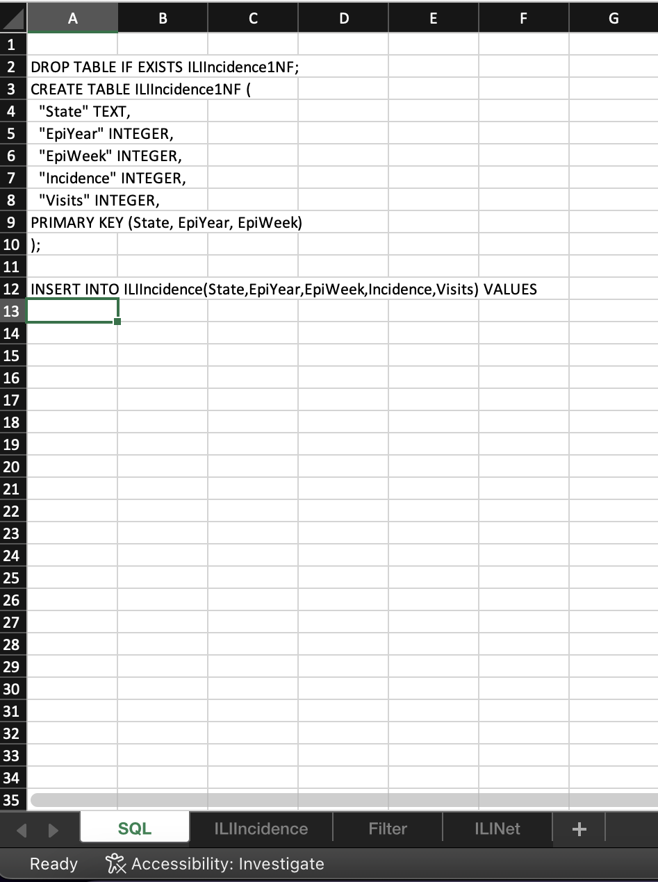ILIIncidence data into the SQLite database table named ILIIncidence with the following