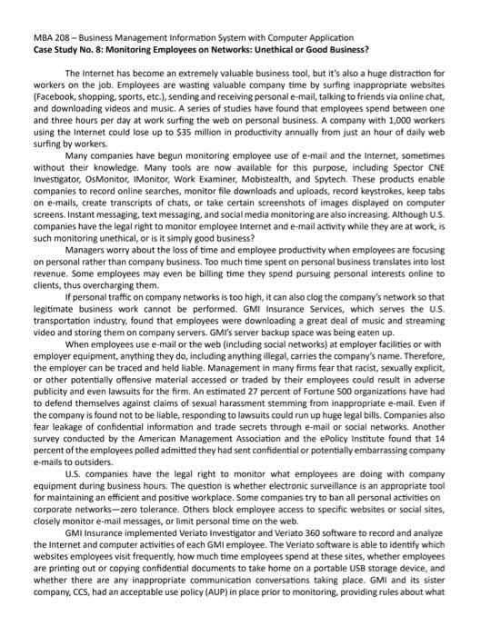  MBA 208 - Business Management Information System with Computer Application Case