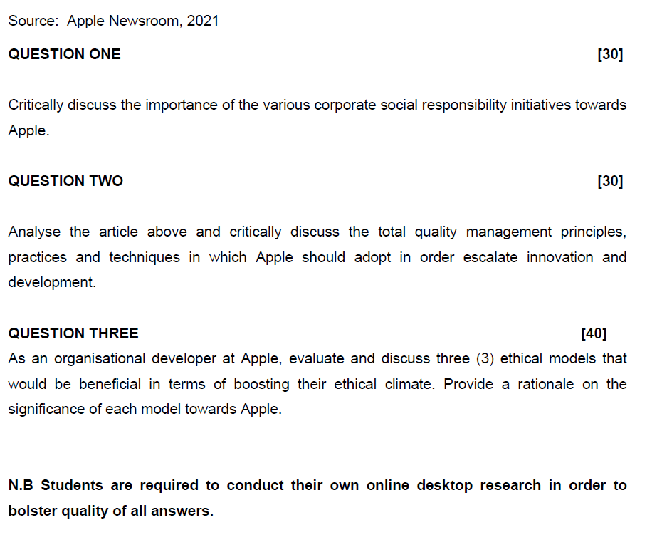  Source: Apple Newsroom, 2021 QUESTION ONE Critically discuss the importance of