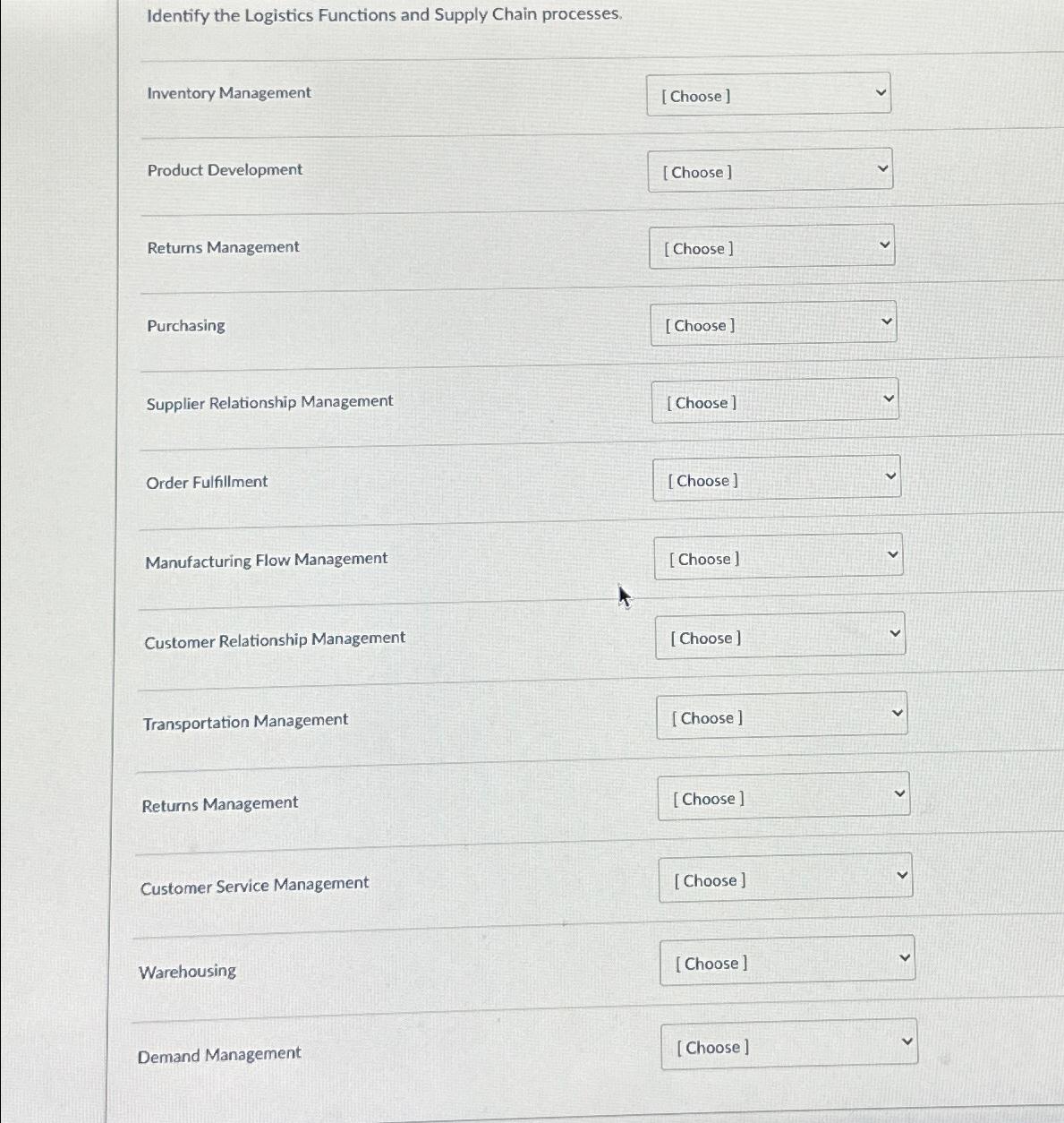  Identify the Logistics Functions and Supply Chain processes. Inventory Management Product