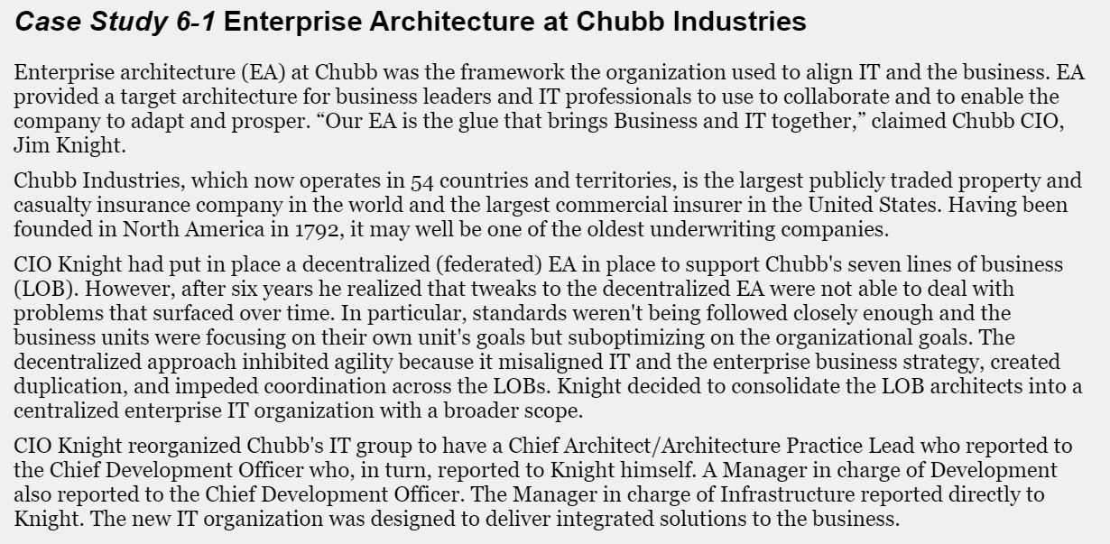 Read Case Study 6-1 Enterprise Architecture at Chubb Industries and answer the