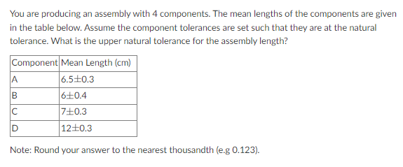  You are producing an assembly with 4 components. The mean lengths