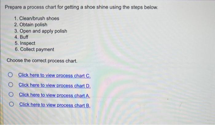 Prepare a process chart for getting a shoe shine using the