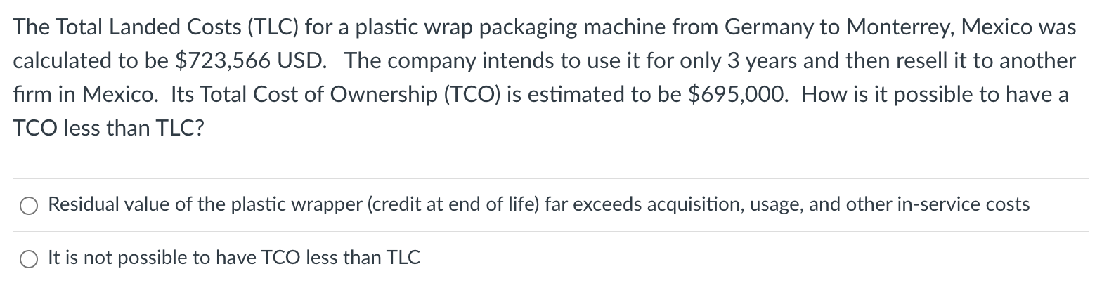  The Total Landed Costs (TLC) for a plastic wrap packaging machine