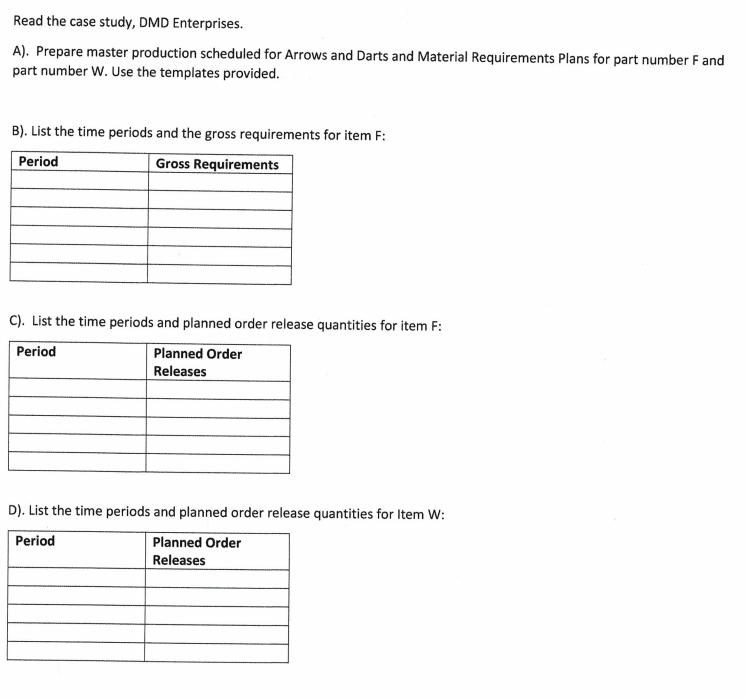Read the case study, DMD Enterprises. A). Prepare master production scheduled