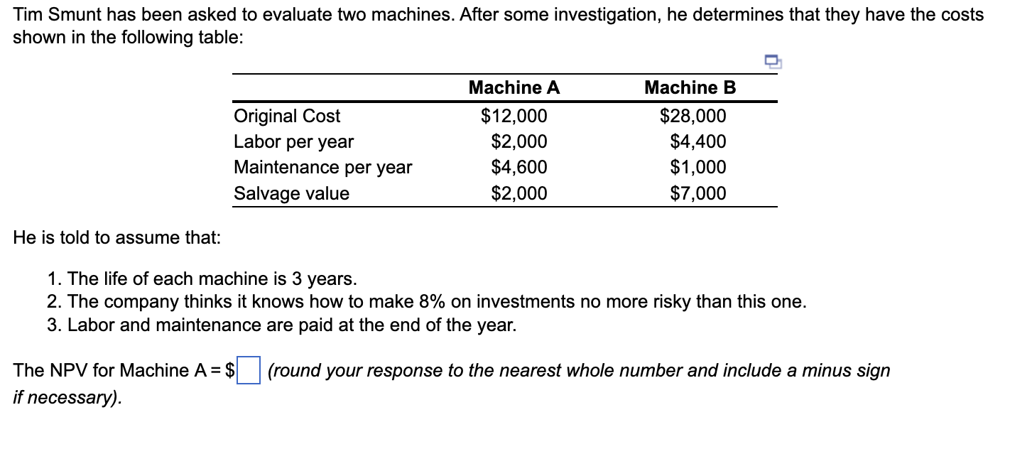 Calculate NPV's for both machine and Machine B. Tim Smunt has been