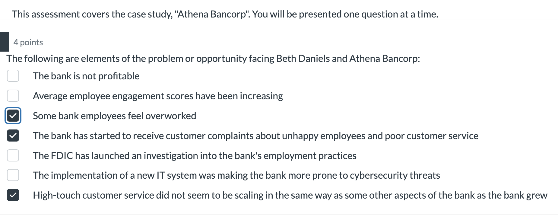 This assessment covers the case study, "Athena Bancorp". You will be