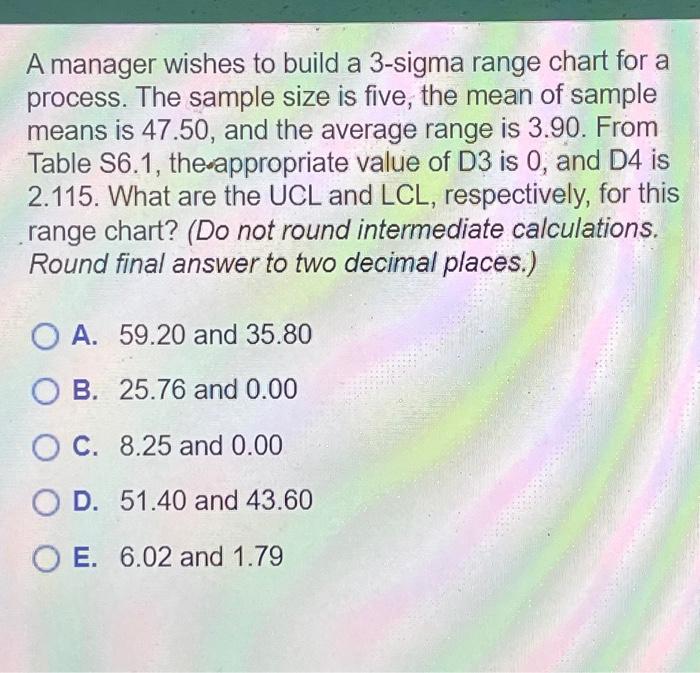  A manager wishes to build a 3-sigma range chart for a