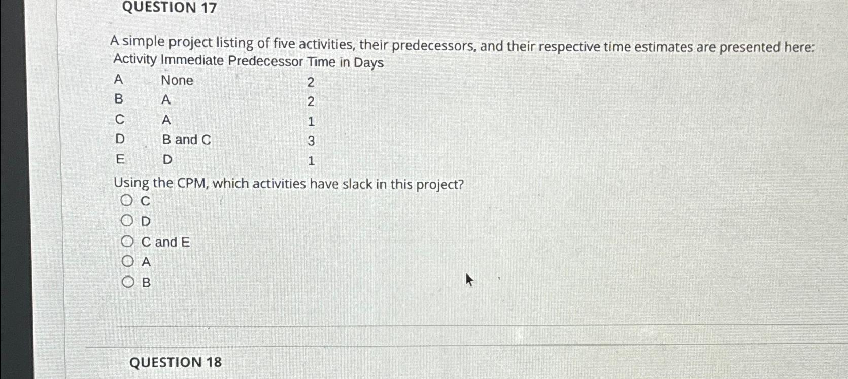  QUESTION 17 A simple project listing of five activities, their predecessors,