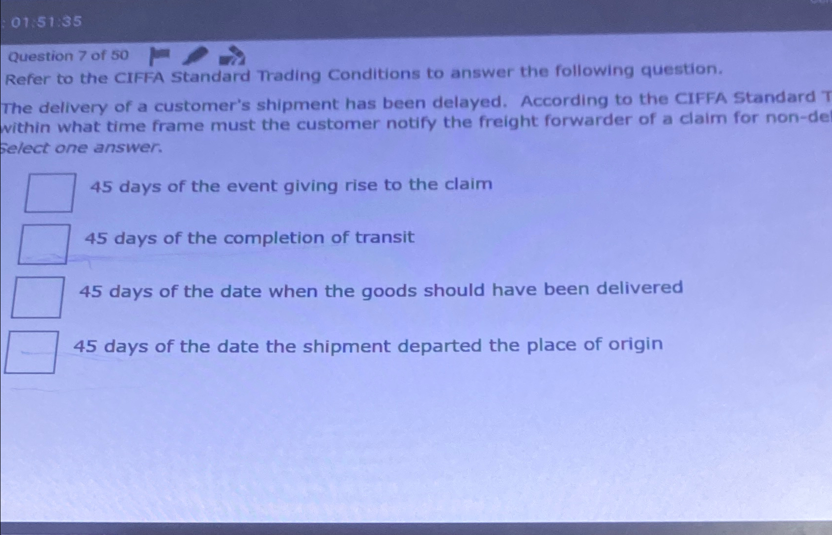  01.51.35 Question 7 of 50 Refer to the CIFFA Standard Trading