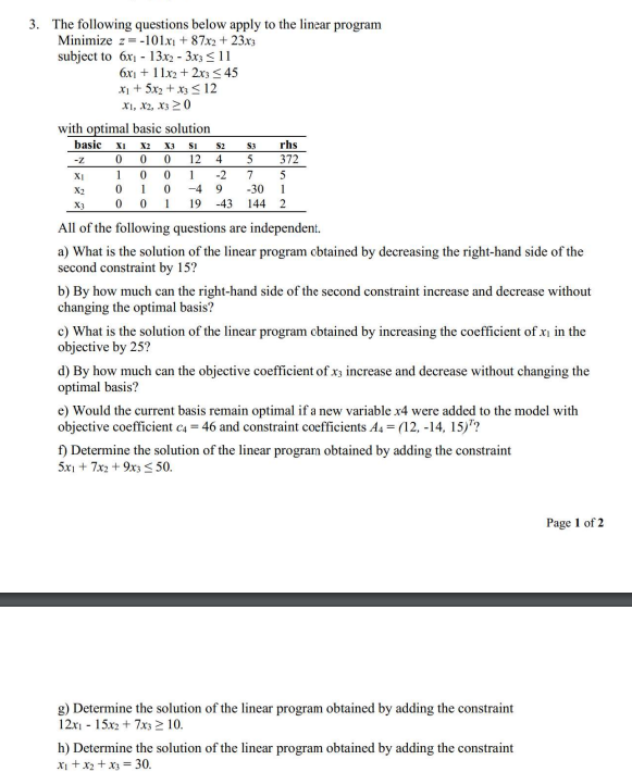  The following questions below apply to the linear program Minimize z=-101x1+87x2+23x3
