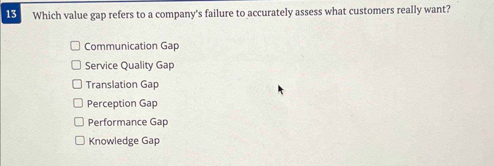  13 Which value gap refers to a company's failure to accurately