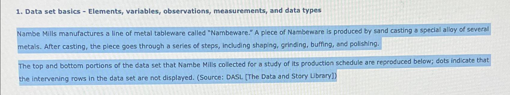  Data set basics - Elements, variables, observations, measurements, and data types