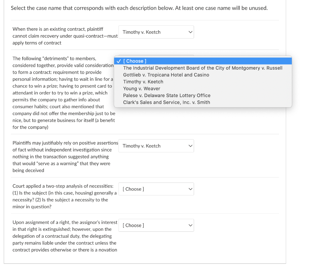 Select the case name that corresponds with each description below. At least